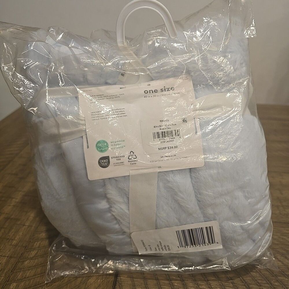 Carters Light Blue Satin Trim Back Velour Baby Blanket Soft Lovey 40x30